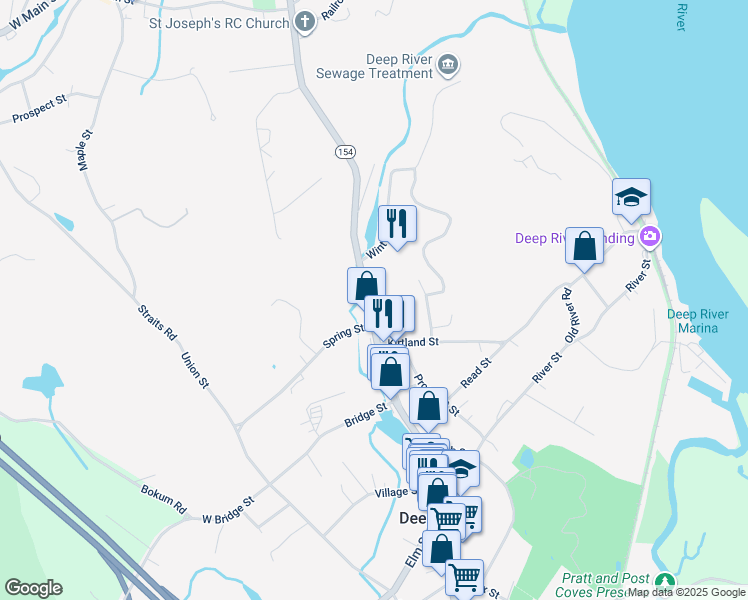 map of restaurants, bars, coffee shops, grocery stores, and more near 61 Main Street in Deep River