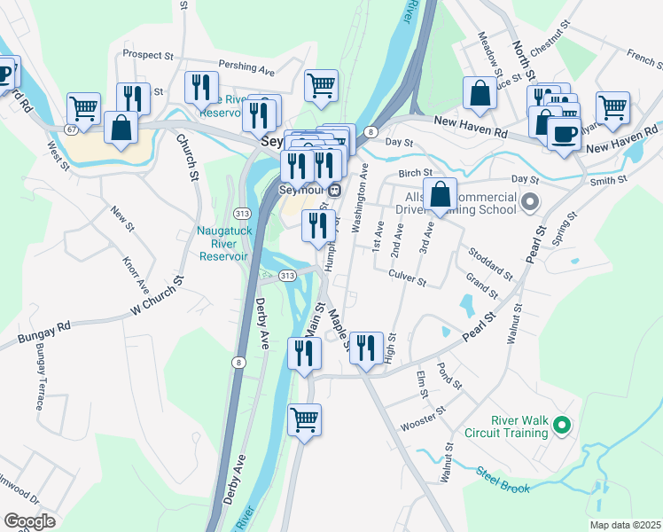 map of restaurants, bars, coffee shops, grocery stores, and more near 14 Humphrey Street in Seymour