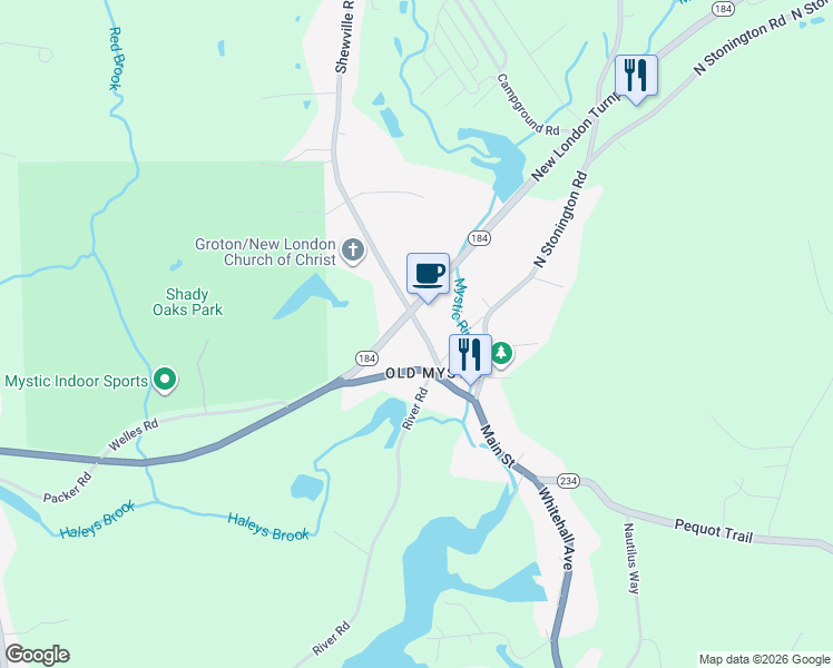 map of restaurants, bars, coffee shops, grocery stores, and more near 55 Shewville Road in Groton