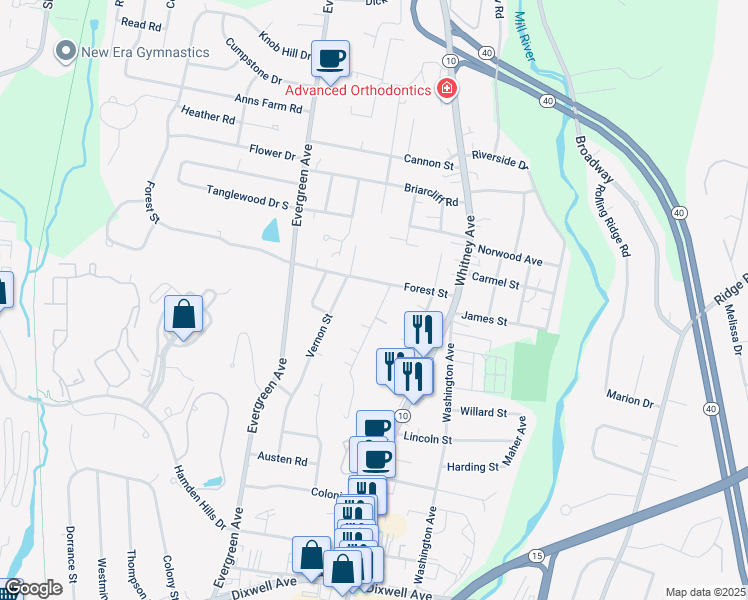 map of restaurants, bars, coffee shops, grocery stores, and more near 42 Orchard Court in Hamden