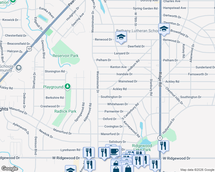 map of restaurants, bars, coffee shops, grocery stores, and more near 6292 Holburn Road in Parma