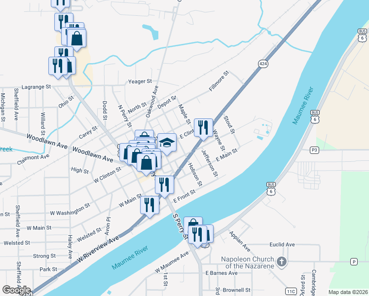 map of restaurants, bars, coffee shops, grocery stores, and more near 302 East Washington Street in Napoleon