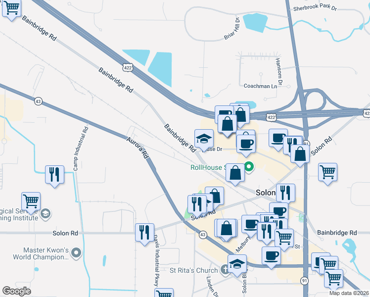 map of restaurants, bars, coffee shops, grocery stores, and more near 32720 Bainbridge Road in Solon