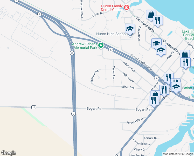 map of restaurants, bars, coffee shops, grocery stores, and more near 703 Parkview Court in Huron