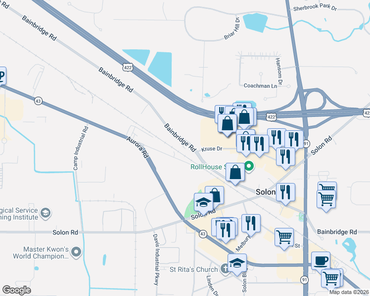 map of restaurants, bars, coffee shops, grocery stores, and more near 32720 Bainbridge Road in Solon
