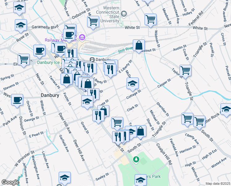 map of restaurants, bars, coffee shops, grocery stores, and more near 55 State Street in Danbury