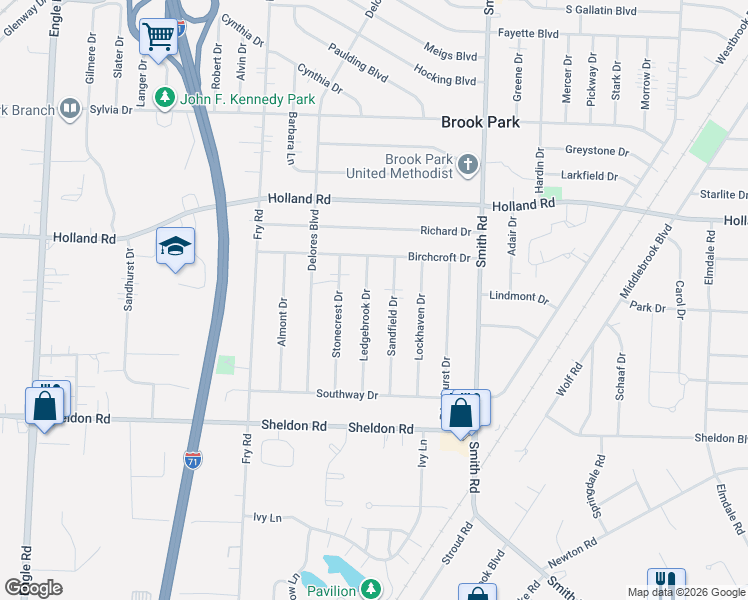 map of restaurants, bars, coffee shops, grocery stores, and more near 6386 Sandfield Drive in Brook Park