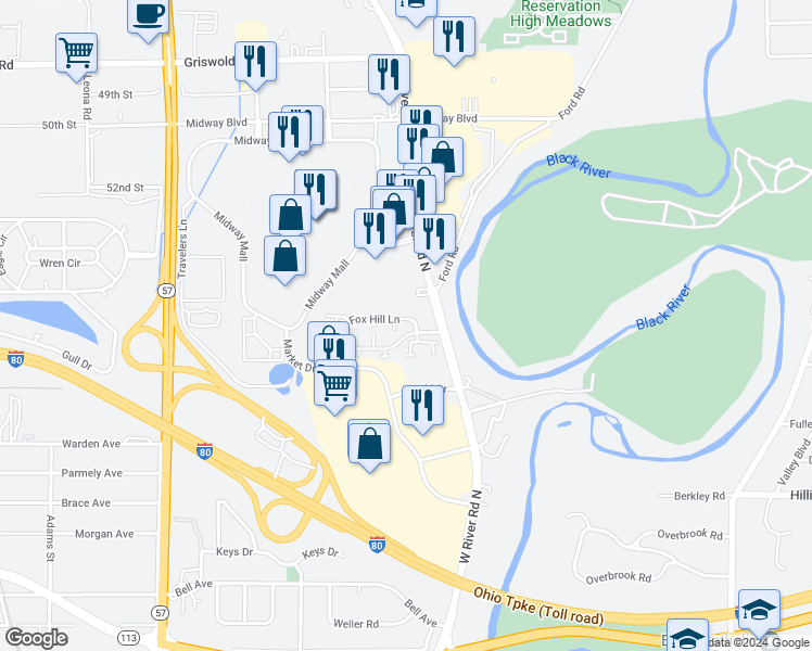 map of restaurants, bars, coffee shops, grocery stores, and more near 115 Fox Hill Lane in Elyria