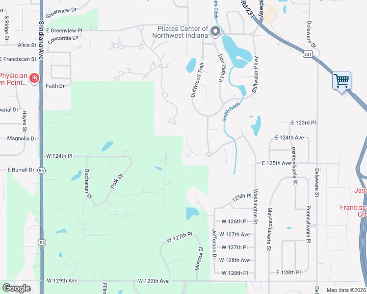 map of restaurants, bars, coffee shops, grocery stores, and more near 1269 Crooked Creek Trail in Crown Point