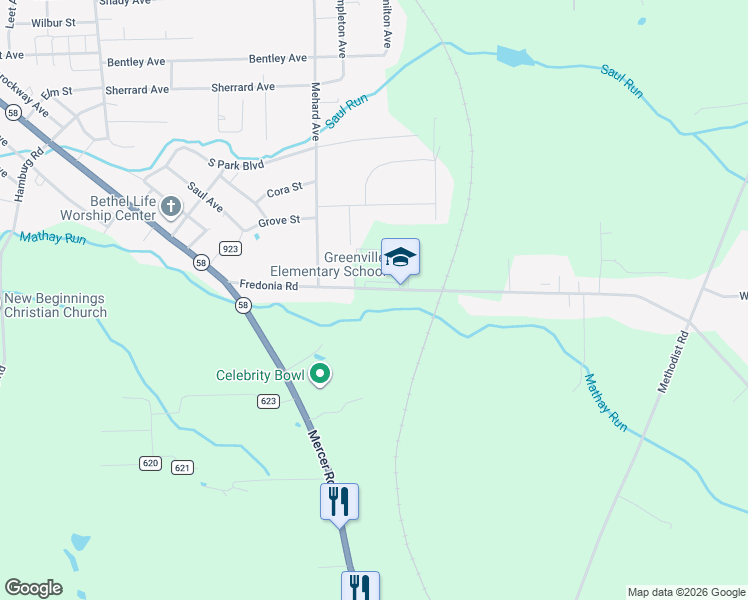 map of restaurants, bars, coffee shops, grocery stores, and more near 61 Fredonia Road in Greenville