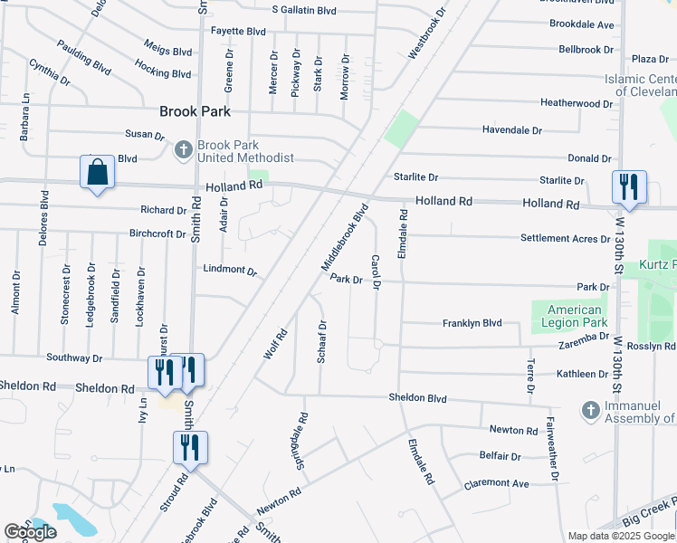 map of restaurants, bars, coffee shops, grocery stores, and more near 14432 Park Drive in Brook Park