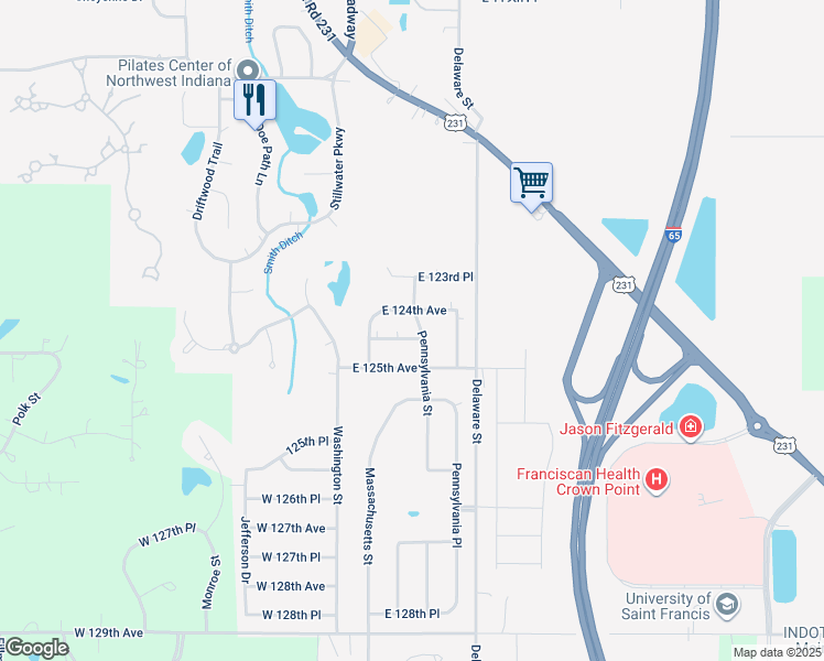 map of restaurants, bars, coffee shops, grocery stores, and more near 280 East 124th Place in Crown Point