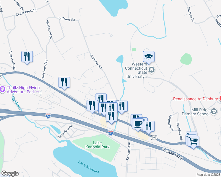 map of restaurants, bars, coffee shops, grocery stores, and more near 20 Driftway Road in Danbury