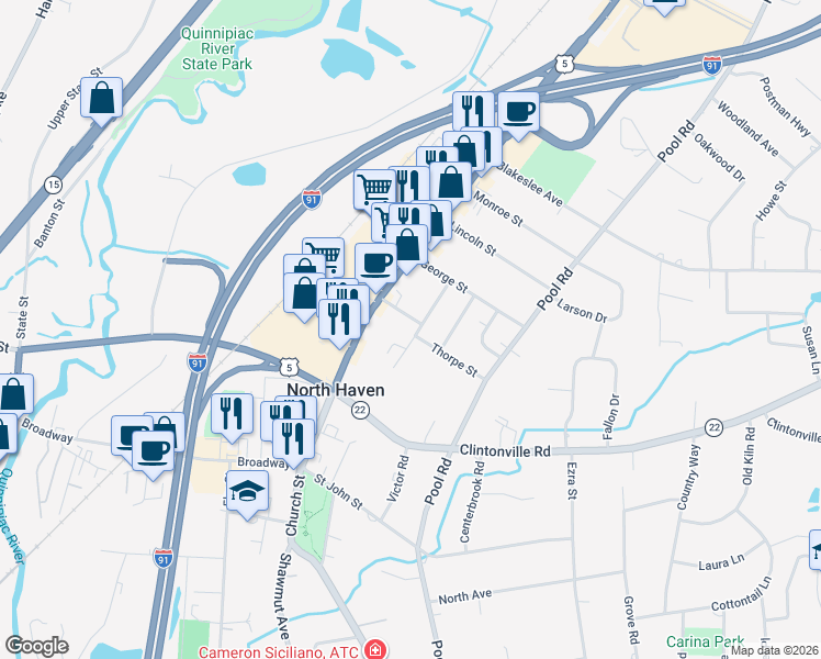 map of restaurants, bars, coffee shops, grocery stores, and more near 34 Woodside Drive in North Haven