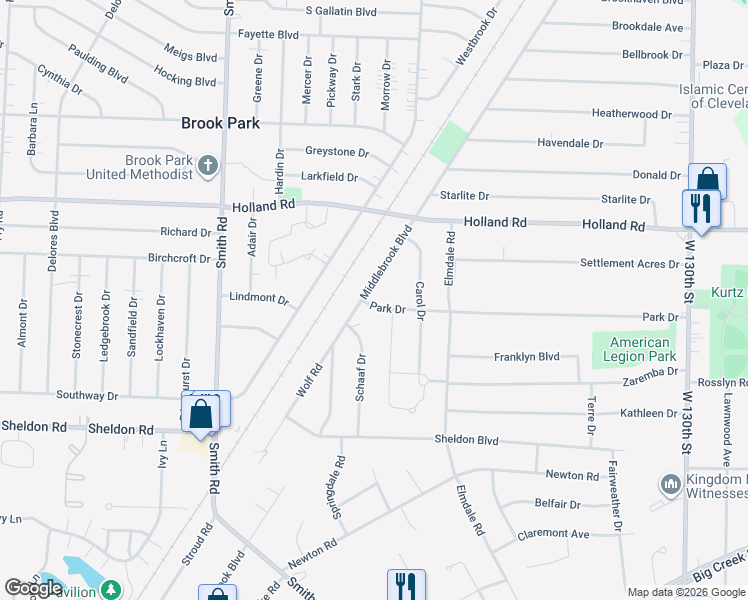 map of restaurants, bars, coffee shops, grocery stores, and more near 14432 Park Drive in Brook Park
