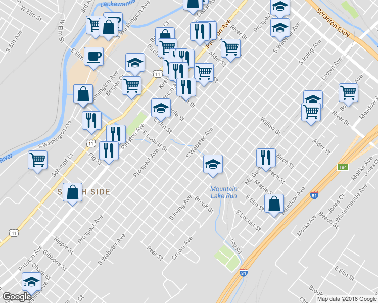 map of restaurants, bars, coffee shops, grocery stores, and more near 1106 South Webster Avenue in Scranton