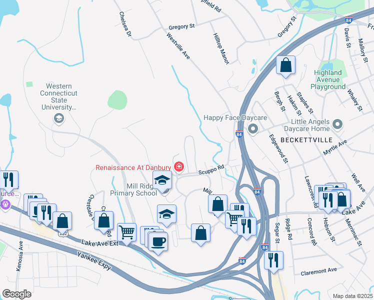 map of restaurants, bars, coffee shops, grocery stores, and more near 15 Scuppo Road in Danbury