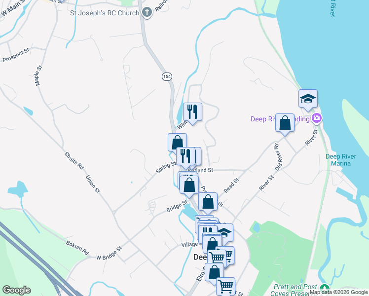 map of restaurants, bars, coffee shops, grocery stores, and more near 61 Main Street in Deep River