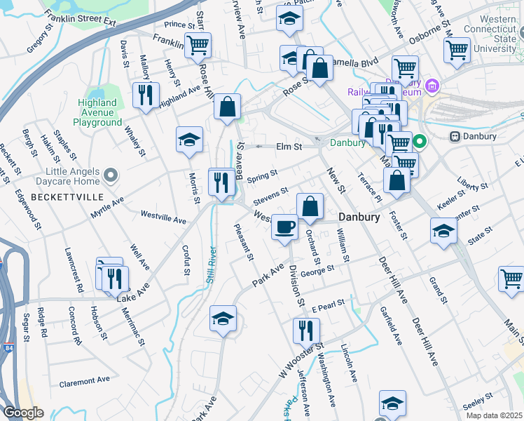 map of restaurants, bars, coffee shops, grocery stores, and more near 112 West Street in Danbury