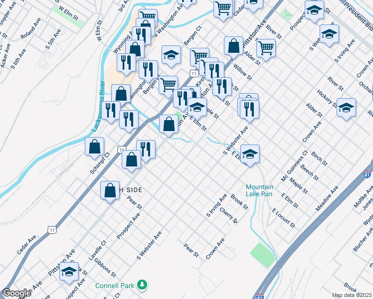 map of restaurants, bars, coffee shops, grocery stores, and more near 530 Brook Street in Scranton