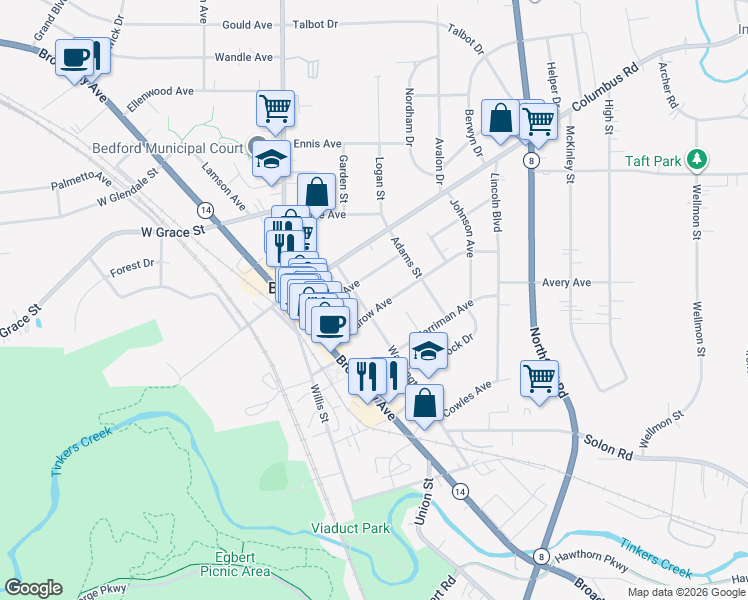 map of restaurants, bars, coffee shops, grocery stores, and more near 82 Woodrow Avenue in Bedford