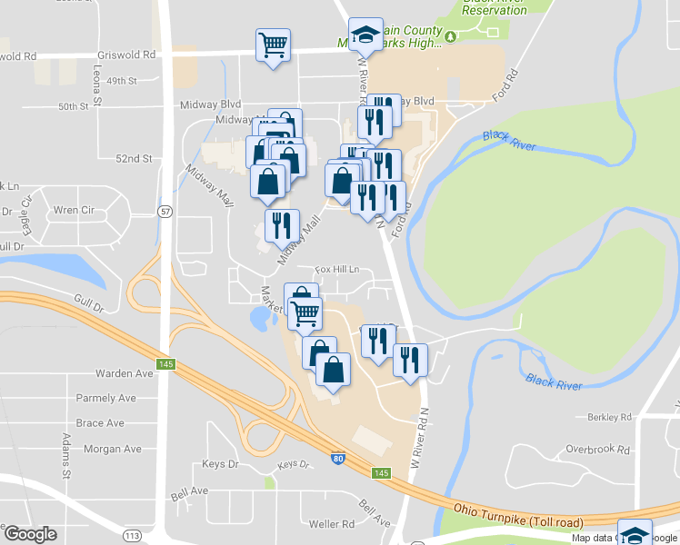 map of restaurants, bars, coffee shops, grocery stores, and more near 1444 West River Road North in Elyria