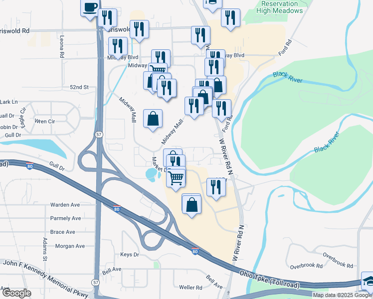 map of restaurants, bars, coffee shops, grocery stores, and more near 1444 West River Road North in Elyria