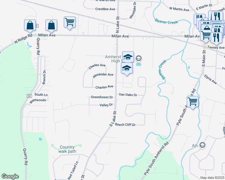 map of restaurants, bars, coffee shops, grocery stores, and more near 733 Greenforest Drive in Amherst