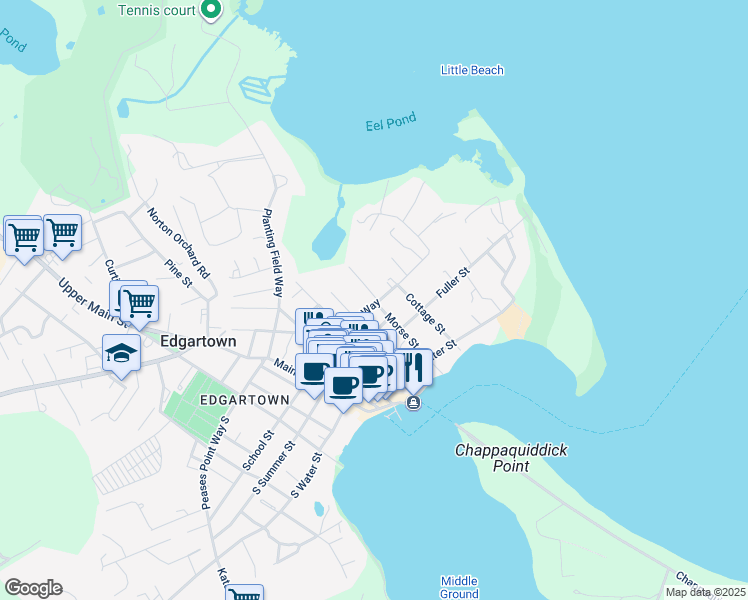 map of restaurants, bars, coffee shops, grocery stores, and more near 80 Peases Point Way in Edgartown