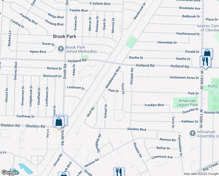 map of restaurants, bars, coffee shops, grocery stores, and more near 14432 Park Dr in Brook Park