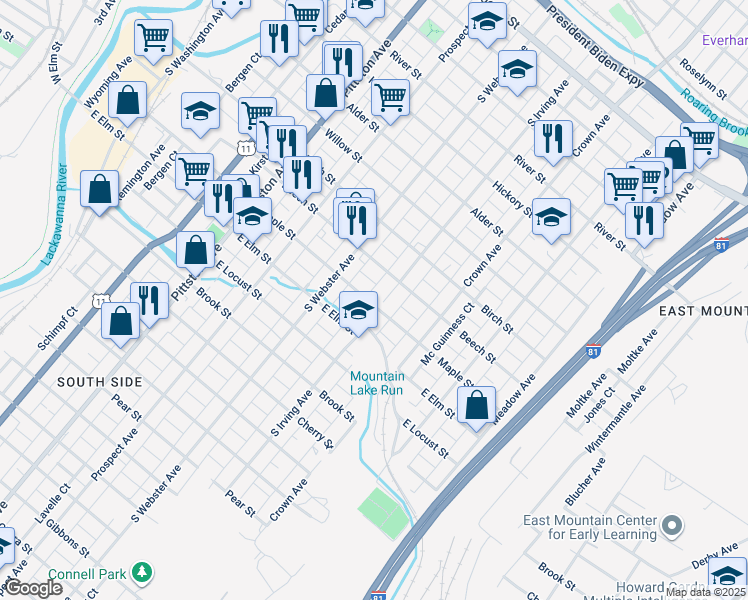 map of restaurants, bars, coffee shops, grocery stores, and more near 739 Maple Street in Scranton