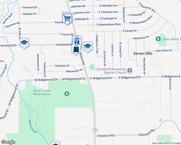 map of restaurants, bars, coffee shops, grocery stores, and more near 6303 Broadview Road in Parma