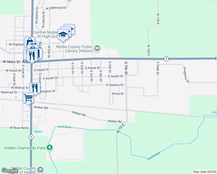map of restaurants, bars, coffee shops, grocery stores, and more near 914 East Seneca Street in Albion