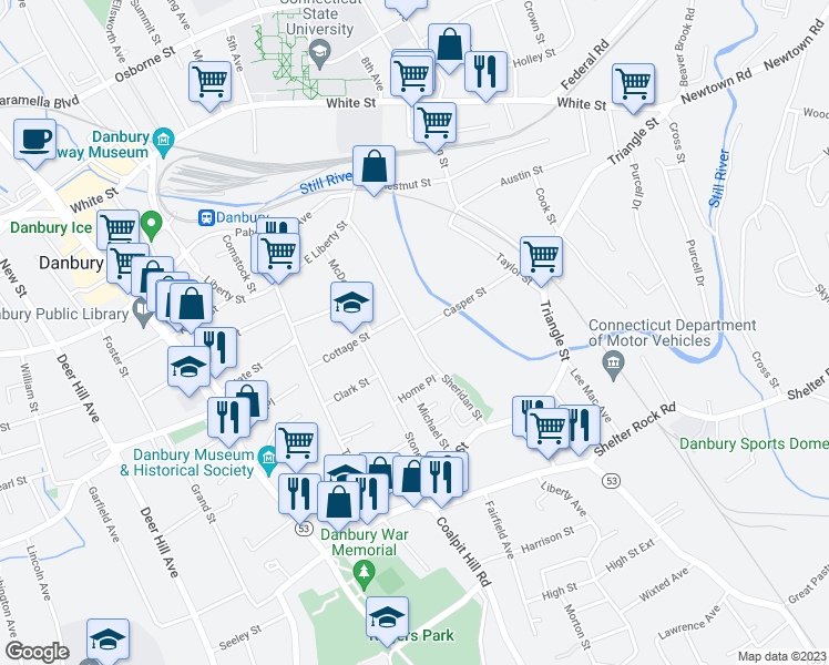 map of restaurants, bars, coffee shops, grocery stores, and more near 29 Casper Street in Danbury