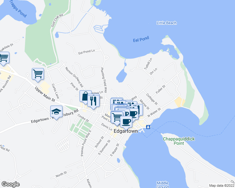 map of restaurants, bars, coffee shops, grocery stores, and more near 25 Pierce Lane in Edgartown