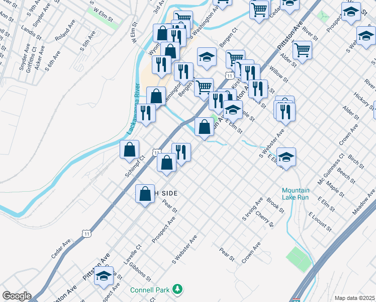 map of restaurants, bars, coffee shops, grocery stores, and more near 1321 Pittston Avenue in Scranton