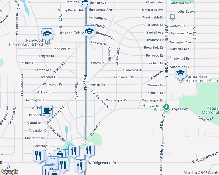 map of restaurants, bars, coffee shops, grocery stores, and more near 6610 Belmere Drive in Parma
