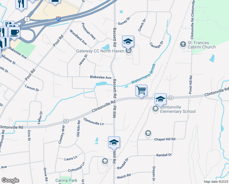 map of restaurants, bars, coffee shops, grocery stores, and more near 15 Bassett Road in North Haven