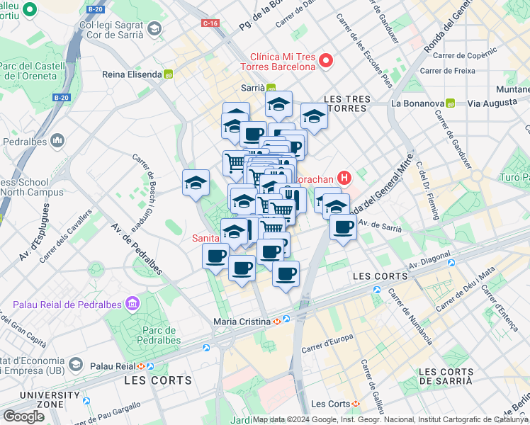 map of restaurants, bars, coffee shops, grocery stores, and more near 52 Carrer del Capità Arenas in Barcelona