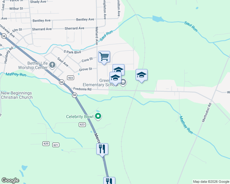 map of restaurants, bars, coffee shops, grocery stores, and more near 61 Fredonia Road in Greenville