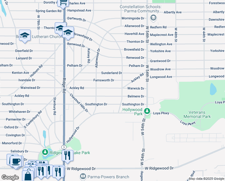 map of restaurants, bars, coffee shops, grocery stores, and more near 6111 Ackley Road in Parma