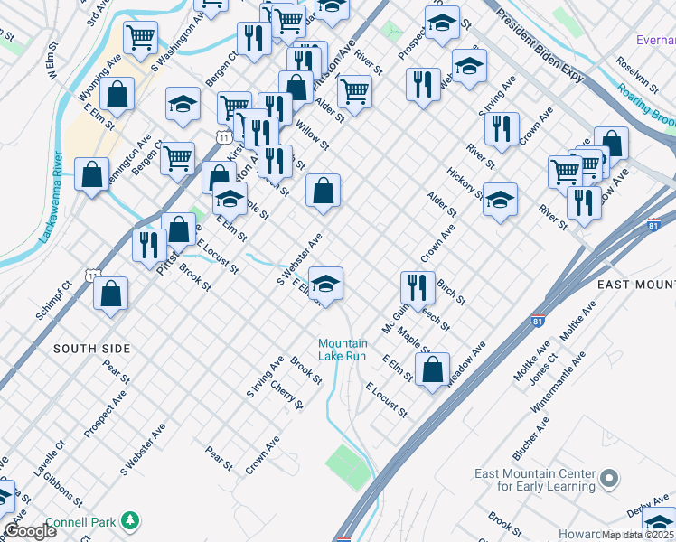 map of restaurants, bars, coffee shops, grocery stores, and more near 739 Maple Street in Scranton