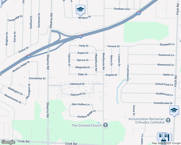 map of restaurants, bars, coffee shops, grocery stores, and more near 28365 Elder Drive in North Olmsted