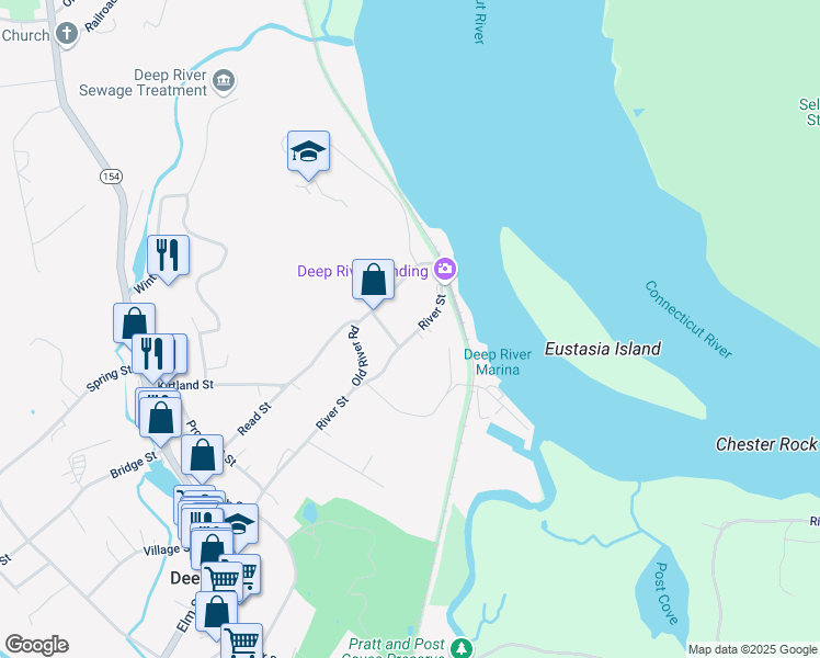 map of restaurants, bars, coffee shops, grocery stores, and more near 137 River Street in Deep River