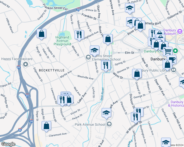 map of restaurants, bars, coffee shops, grocery stores, and more near 9 Westville Avenue in Danbury