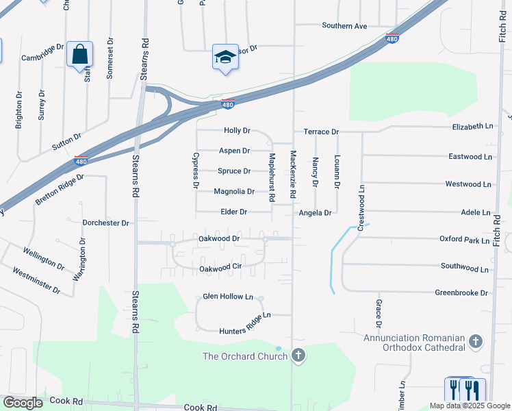 map of restaurants, bars, coffee shops, grocery stores, and more near 28365 Elder Drive in North Olmsted