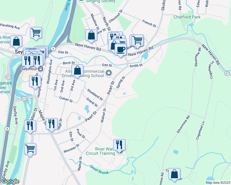 map of restaurants, bars, coffee shops, grocery stores, and more near 1 Great Oak Ridge Way in Seymour