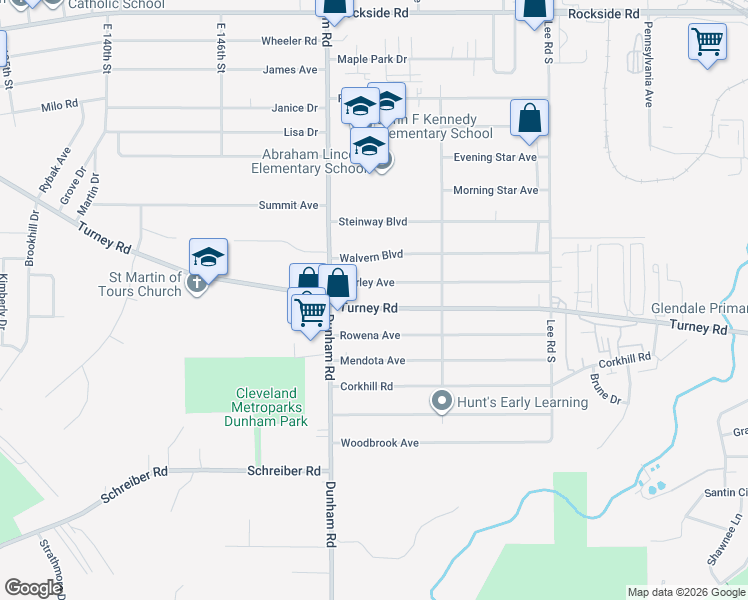 map of restaurants, bars, coffee shops, grocery stores, and more near 15414 Turney Road in Maple Heights