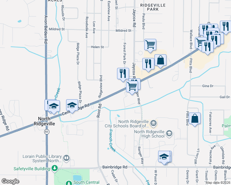 map of restaurants, bars, coffee shops, grocery stores, and more near 35228 Center Ridge Road in North Ridgeville