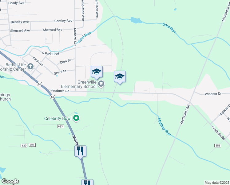 map of restaurants, bars, coffee shops, grocery stores, and more near 60 Fredonia Road in Greenville